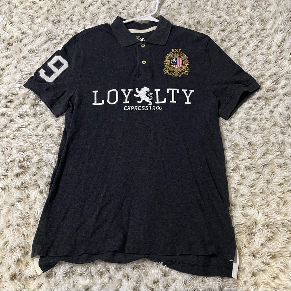 Express 1980 Loyalty NYC Black Lion Embroidered Mens Fitted Polo Shirt Grey M